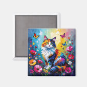 Hübsche farbenfrohe Impasto-Katze und Blumen Magnet (Vorderseite/Rückseite)