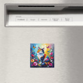 Hübsche farbenfrohe Impasto-Katze und Blumen Magnet (In Situ (Geschirrspüler))