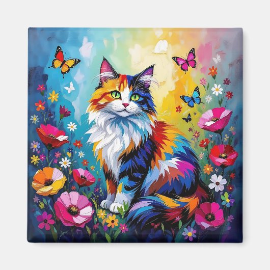 Hübsche farbenfrohe Impasto-Katze und Blumen Magnet (Vorne)