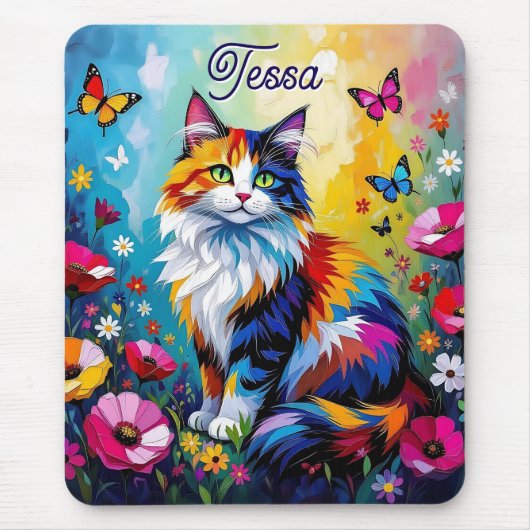 Hübsche farbenfrohe Impasto-Katze und Blumen Mousepad (Vorne)