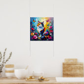Hübsche farbenfrohe Impasto-Katze und Blumen Poster (Küche)