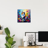 Hübsche farbenfrohe Impasto-Katze und Blumen Poster (Heimbüro)
