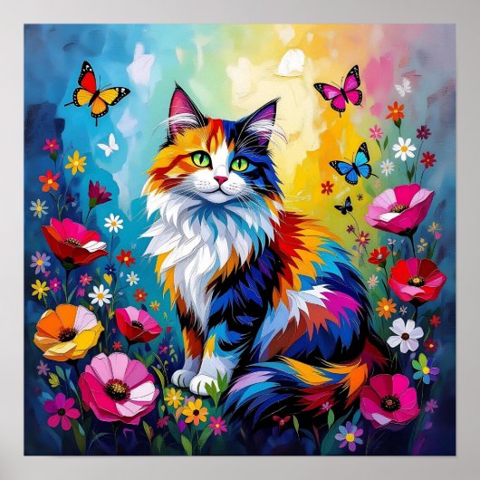 Hübsche farbenfrohe Impasto-Katze und Blumen Poster (Vorne)