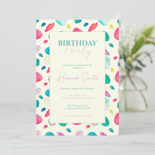 Hübsche farbenfrohe Muscheln Beige Muster Einladung (Stehend Vorderseite)