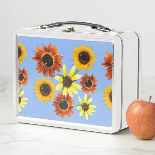 Hübsche, farbenfrohe Sonnenblumengeschirr auf den  Metall Brotdose (Beispiel)