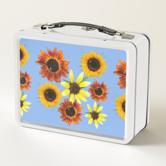 Hübsche, farbenfrohe Sonnenblumengeschirr auf den  Metall Brotdose (Rückseite)