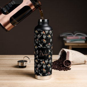 Hübsche farbenfrohe Vögel Blätter Vintage Schwarz Trinkflasche