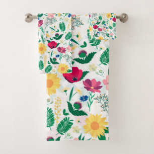 Hübsche Farbenfrohe Wildblumen Weißes Design Badhandtuch Set