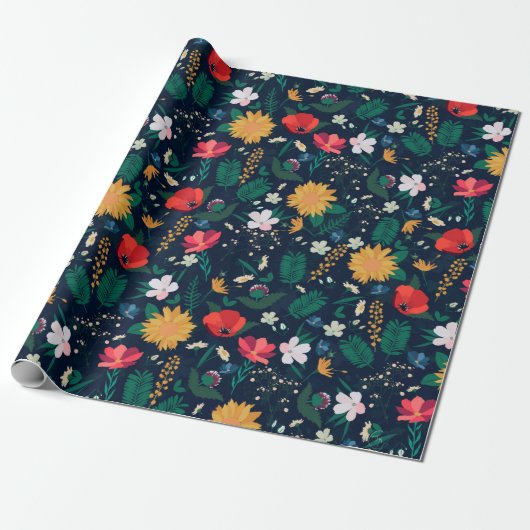 Hübsche Farbenfrohe Wilde Blume Navy Blue Design Geschenkpapier (Ungerollt)