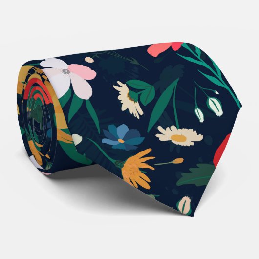 Hübsche Farbenfrohe Wilde Blume Navy Blue Design Krawatte (Gerollt)