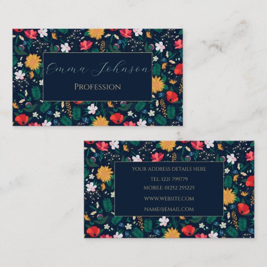 Hübsche Farbenfrohe Wilde Blume Navy Blue Design Visitenkarte (Vorne/Hinten)