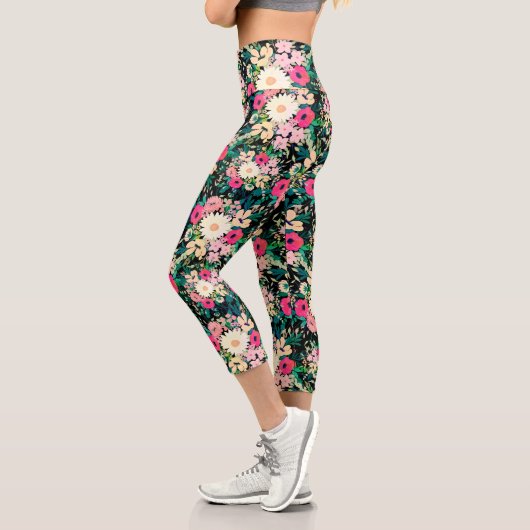 Hübsche farbige Blume Schwarz Botanisch Capri Leggings (Links)