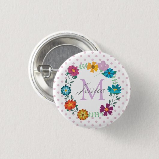 Hübsche farbige Blume Wreath Personalisiert Dotty Button (Vorne & Hinten)