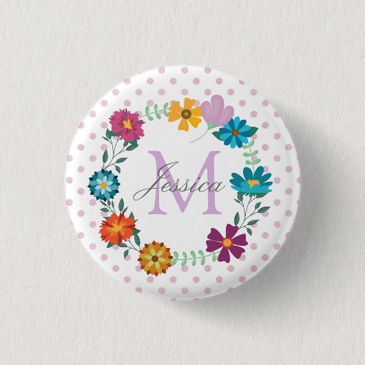 Hübsche farbige Blume Wreath Personalisiert Dotty Button (Vorderseite)
