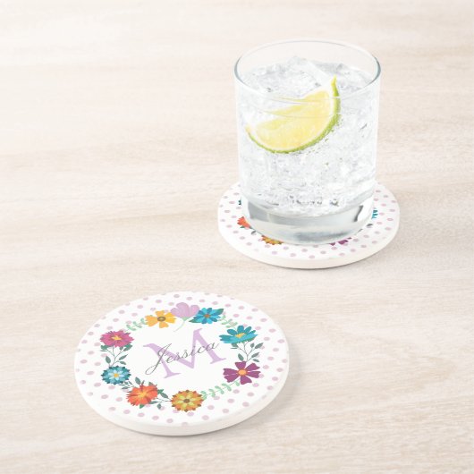 Hübsche farbige Blume Wreath Personalisiert Dotty Getränkeuntersetzer (Seite)