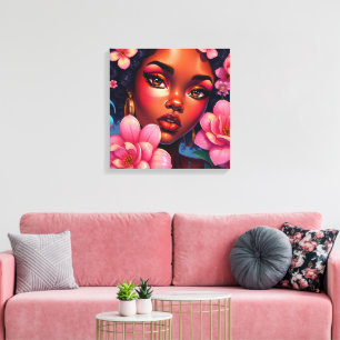Hübsche farbige Frau mit rosa Blumen  Leinwanddruck