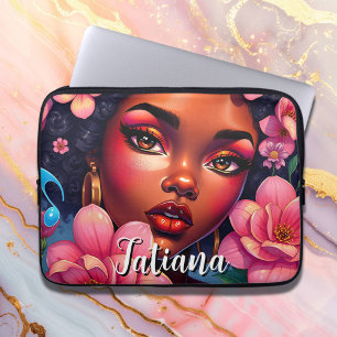 Hübsche Farbige Frau Rosa Blumen Personalisiert Laptopschutzhülle