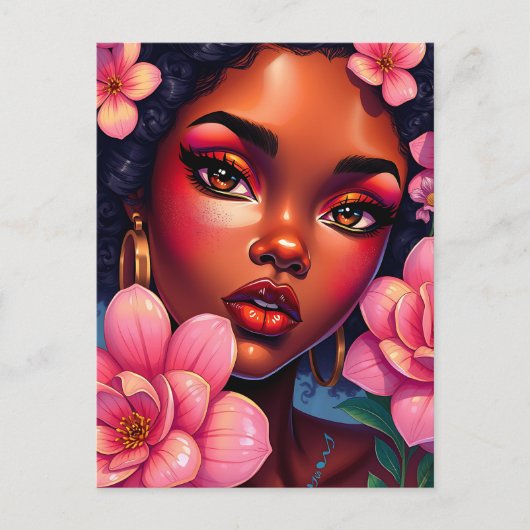 Hübsche Farbweibchen mit Blume in ihrem Haar Postkarte (Vorderseite)
