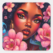 Hübsche Farbweibchen mit rosa Blume Quadratischer Aufkleber (Vorderseite)