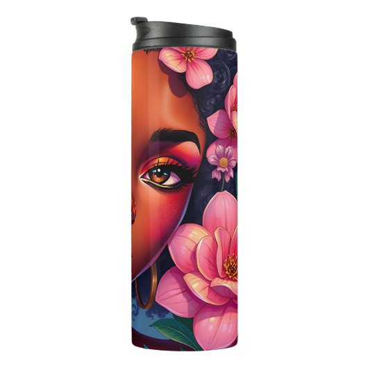 Hübsche Farbweibchen mit rosa Blume Thermosbecher (Nach rechts gedreht)