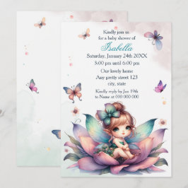 Hübsche Fee sitzt in der Babyparty-Blume Einladung