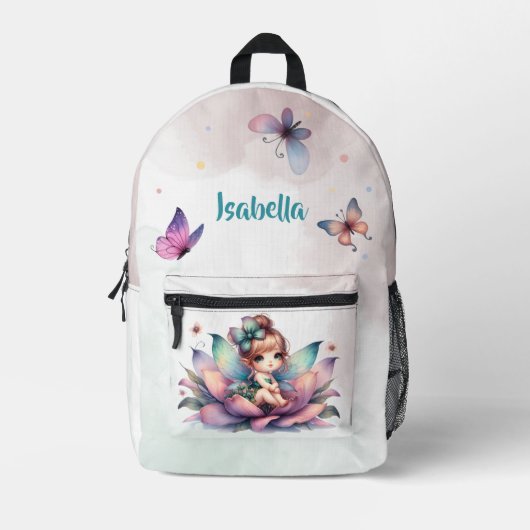 Hübsche Fee sitzt in einer Blume Bedruckter Rucksack (Vorderseite)
