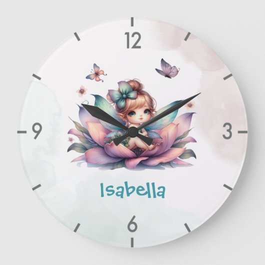 Hübsche Fee sitzt in einer Blume Große Wanduhr (Vorderseite)