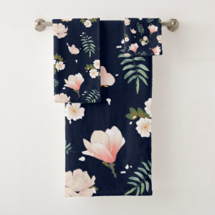 Hübsche feminine Blume für ihre blaue Marineblau Badhandtuch Set