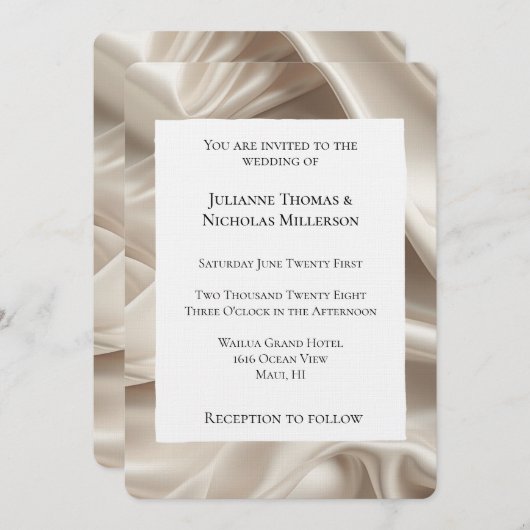 Hübsche Feminine Champagne Gold Imitats Satin Wedd Einladung (Vorne/Hinten)