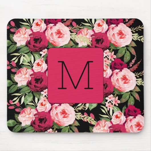 Hübsche feminine Monogramm schwarz und rosa bläser Mousepad (Vorne)