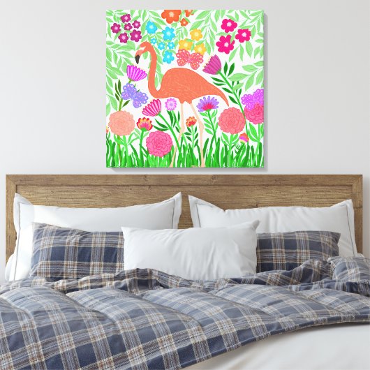 Hübsche Flamingo-Blume und Schmetterlinge Leinwanddruck (Insitu (Schlafzimmer))