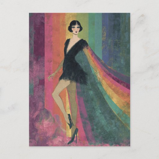Hübsche Flapper-Frau in einem Regenbogen-Kap Postkarte (Vorderseite)
