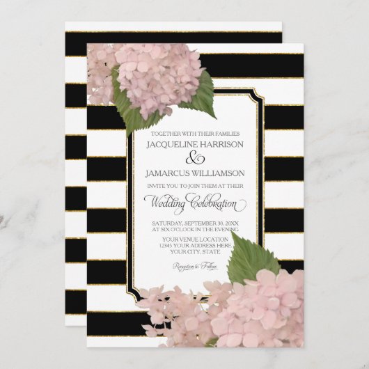 Hübsche Flora Moderne Elegante Schwarz-weiße Strei Einladung (Vorne/Hinten)