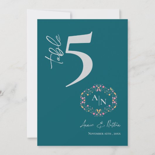 Hübsche florale Rahmen Monogram Wedding Tischnumme Dankeskarte (Rückseite)