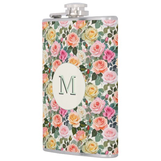 Hübsche florale Rose Botanische Blume Mit Monogram Flachmann (Links)