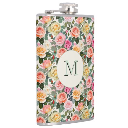 Hübsche florale Rose Botanische Blume Mit Monogram Flachmann (Rechts)
