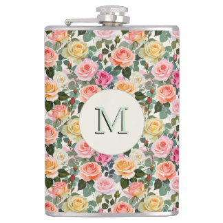 Hübsche florale Rose Botanische Blume Mit Monogram Flachmann