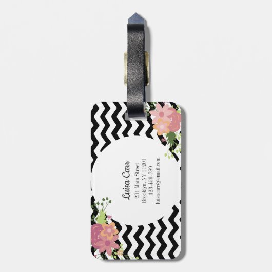 Hübsche florale Schwarz-weiße Zickzack Monogramm Gepäckanhänger (Rückseite vertikal)