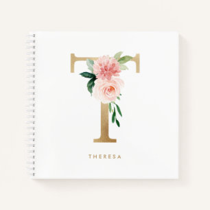Hübsche Florals Imitats Gold Foil Letter T Monogra Notizblock