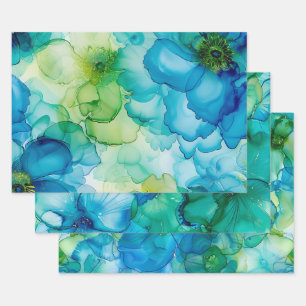 Hübsche flüssige"Fluid-Tinte-Blume Blau & Grün Geschenkpapier Set