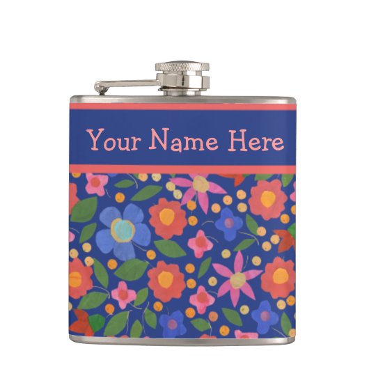 Hübsche Folk Art Floral auf Blue Hip Flask Flachmann (Vorderseite)