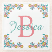 Hübsche Folk Art Floral Frame Monogramm Glasuntersetzer (Vorderseite)