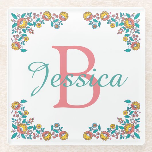 Hübsche Folk Art Floral Frame Monogramm Glasuntersetzer (Vorderseite)