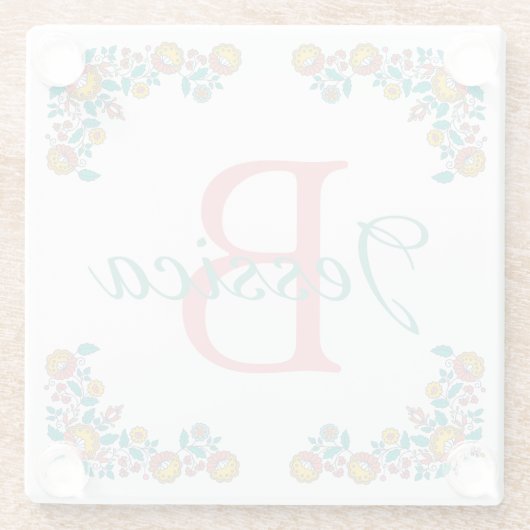 Hübsche Folk Art Floral Frame Monogramm Glasuntersetzer (Rückseite)