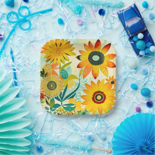 Hübsche Folklorekunst Gelbe Blumen Pappteller (Party)