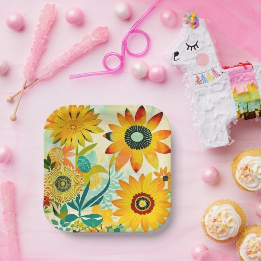 Hübsche Folklorekunst Gelbe Blumen Pappteller (Party)