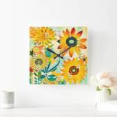 Hübsche Folklorekunst Gelbe Blumen Quadratische Wanduhr (Zuhause)