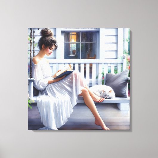 Hübsche Frau auf einer Veranda mit Katze Leinwanddruck (Vorderseite)
