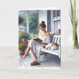 Hübsche Frau beim Lesen eines Buches Karte