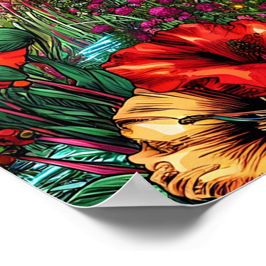 Hübsche Frau im Blumengarten Poster (Ecke)